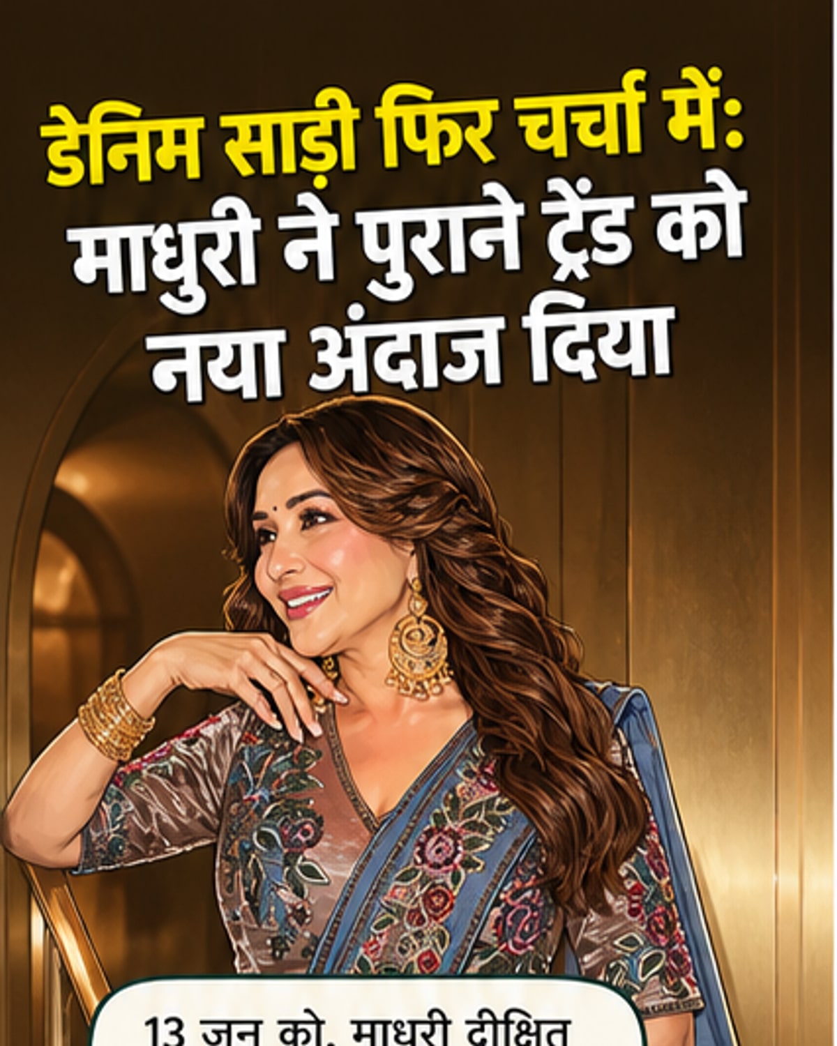 माधुरी दीक्षित नीले डेनिम की साड़ी में, ग्रे ब्लाउज और भारी सोने के गहनों के साथ, मुस्कुराते हुए।