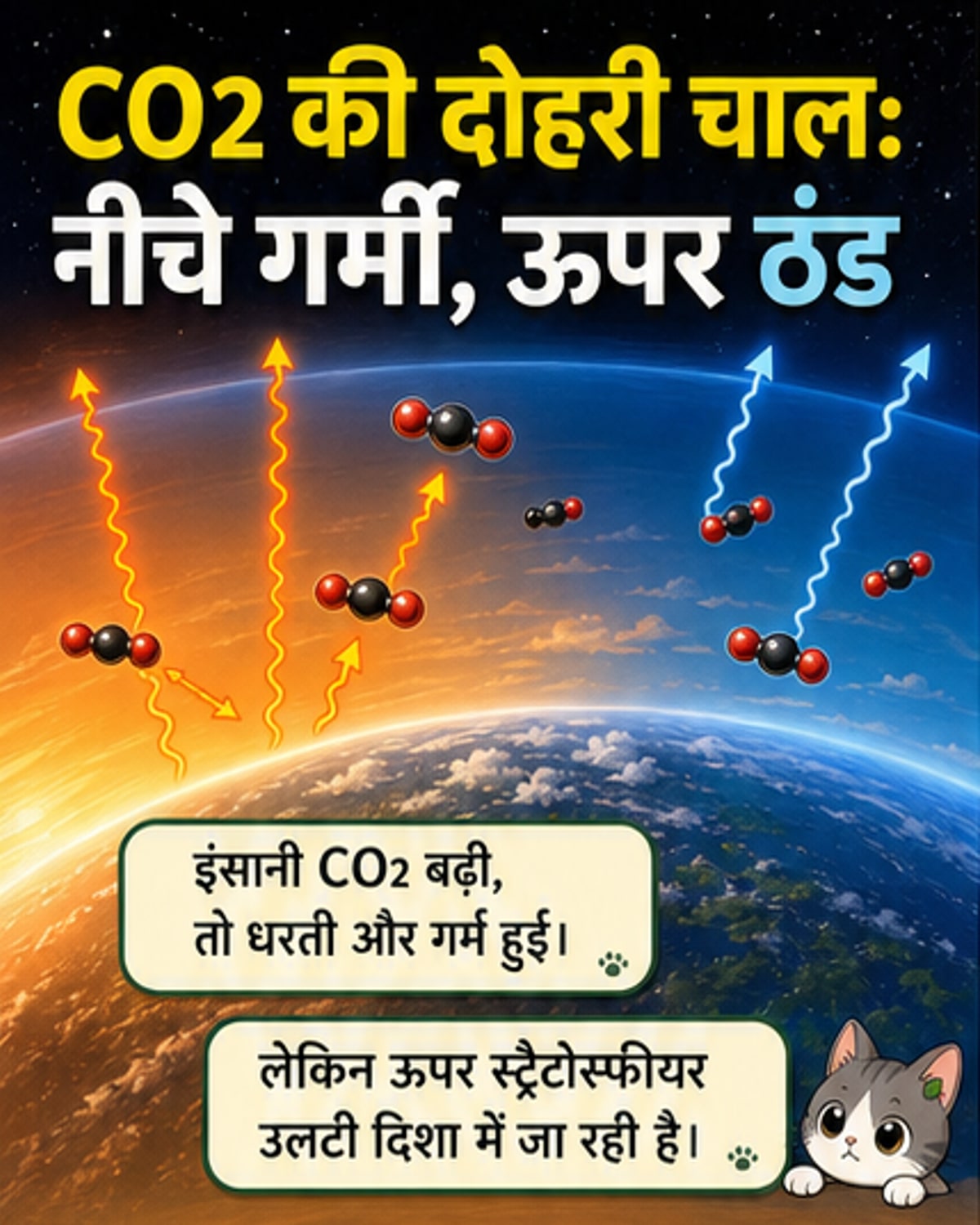 CO2 की दोहरी चाल: जमीन गर्म, आसमान ठंडा