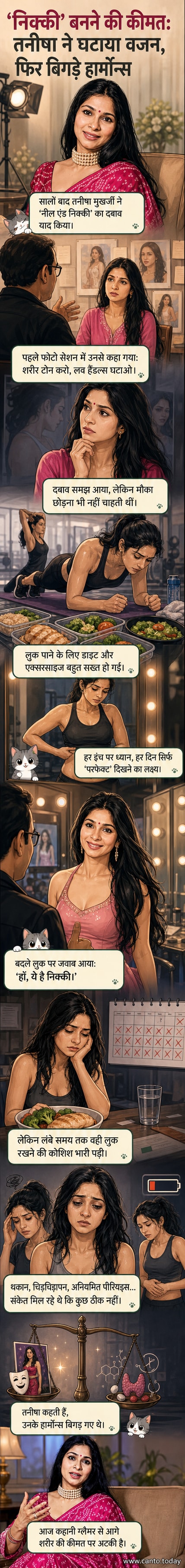 एक एक्ट्रेस फिल्म के लिए वजन घटाने के दबाव के बारे में बात करते हुए, पृष्ठभूमि में फिल्म सेट और डाइट प्लान दिखाई दे रहे हैं।