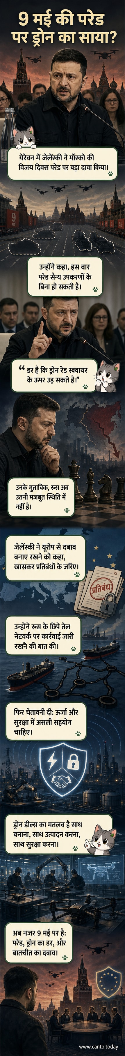 एक खाली लाल चौक, जहां आमतौर पर सैन्य उपकरण प्रदर्शित किए जाते हैं, लेकिन इस बार केवल सैनिक और झंडे दिख रहे हैं, ऊपर ड्रोन की छाया तैर रही है।