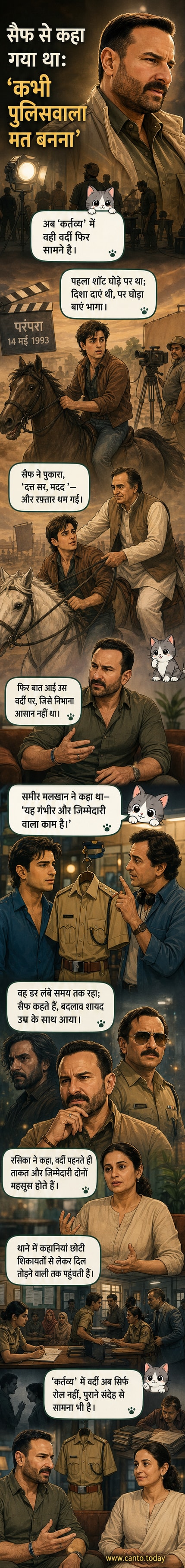 सैफ अली खान वर्दी में पुलिस अधिकारी की भूमिका में, पीछे फिल्म सेट का दृश्य