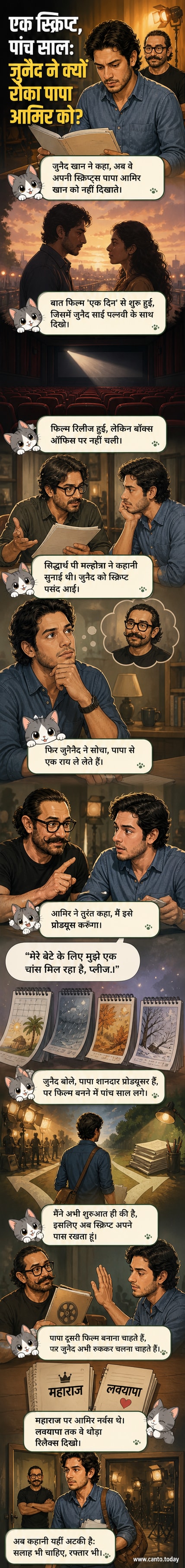 जुनैद खान फिल्म 'एक दिन' के प्रमोशन के दौरान, पृष्ठभूमि में आमिर खान की तस्वीर के साथ, एक अलग रास्ता चुनने का संकेत देते हुए।