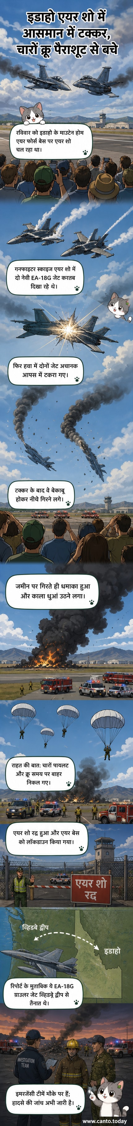 दो लड़ाकू जेट हवा में टकराते हुए, नीचे गिरते हुए विमानों से धुआं निकलता हुआ, और आसमान में चार पैराशूट उतरते हुए।