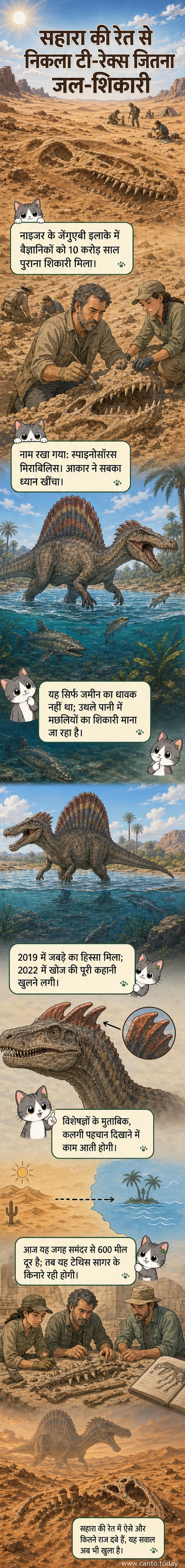 एक डिजिटल इलस्ट्रेशन जिसमें स्पाइनोसॉरस मिराबिलिस उथले पानी में मछलियों का पीछा करते हुए दिखाई दे रहा है, पीछे रेगिस्तान के विस्तार के साथ।