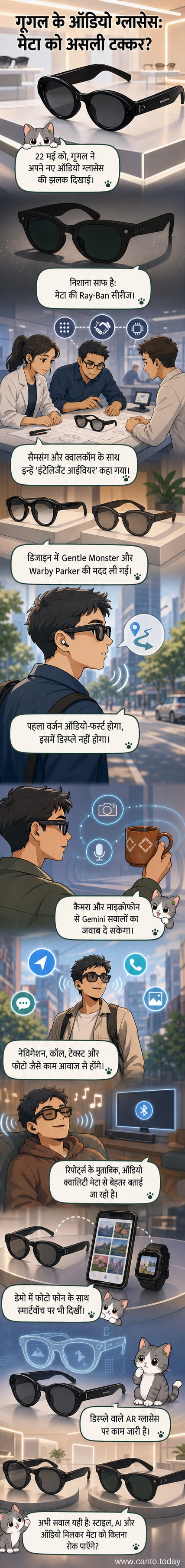 गूगल के नए ऑडियो ग्लासेस की छवि, जिसमें आधुनिक डिजाइन और बिल्ट-इन ऑडियो तकनीक दिखाई देती है।