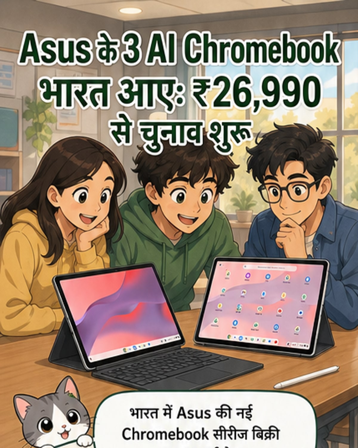 Asus के तीन नए Chromebook मॉडल्स CM32 डिटैचेबल, CM14 और CM15 की इमेज, जिनमें AI फीचर्स और क्लाउड-आधारित उत्पादकता हाइलाइट की गई है।