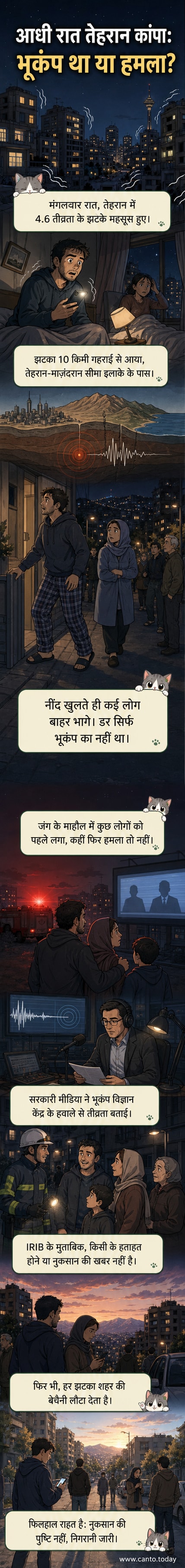 तेहरान में भूकंप के बाद लोग अपने घरों से बाहर निकलते हुए, आसपास की इमारतें थोड़ी खराब दिख रही हैं, लेकिन कोई बड़ा नुकसान नहीं दिख रहा।