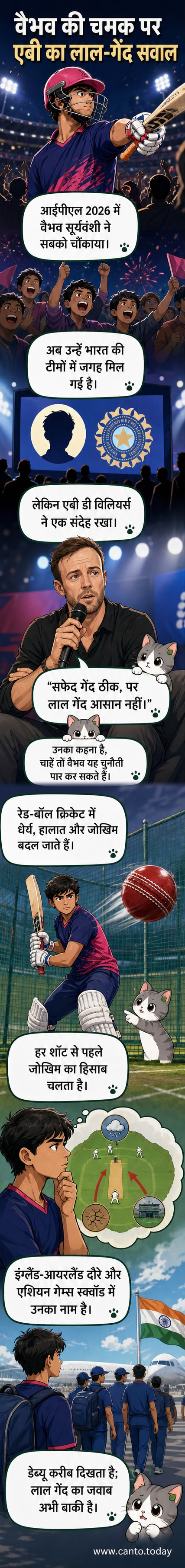एबी डी विलियर्स और वैभव सूर्यवंशी के चित्र के बीच एक संदेह भरा प्रश्न चिह्न, पृष्ठभूमि में लाल और सफेद गेंद क्रिकेट के प्रतीक।