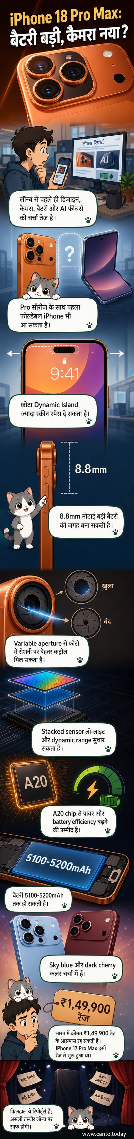iPhone 18 Pro Max की कल्पित छवि, जिसमें बड़ी बैटरी, अपग्रेडेड कैमरा और छोटा डायनामिक आईलैंड दिखाया गया है।