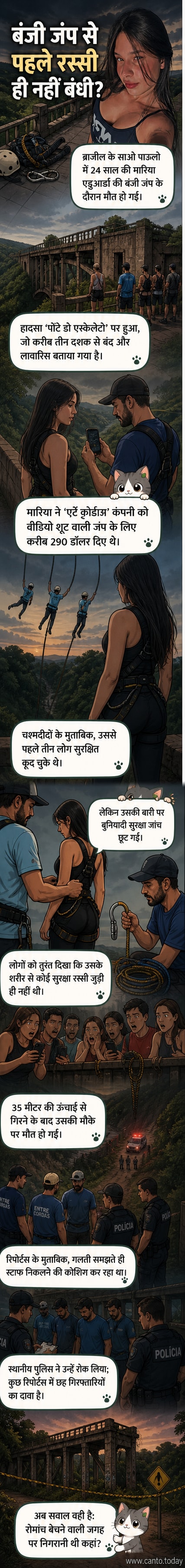एक खंडित पुल के किनारे खड़ी युवती, जिसके पैरों में रस्सी नहीं बंधी है, नीचे गहराई में देख रही है।