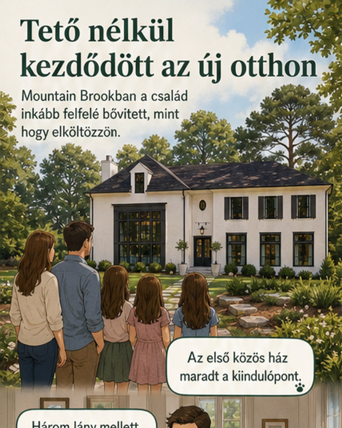Egy alabamai ház, amelynek tetőjét lebontották, és egy új emelettel bővítették, miközben megőrizték eredeti karakterét. A belső térben mély kékeszöld szín, antik bútorok és modern elemek harmonikusan egymás mellett.