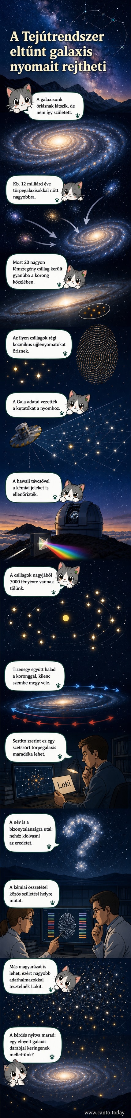 Képzeletbeli ábrázolás egy elnyelt törpegalaxis csillagainak szétszóródásáról a Tejútrendszer korongjában, különböző pályákon keringő csillagokkal.