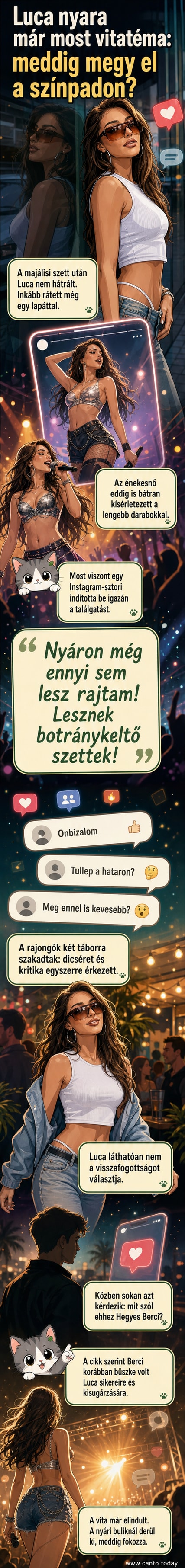Mihályfi Luca mélyen dekoltált, lila színpadi ruhában, miközben színpadon áll és mosolyog.