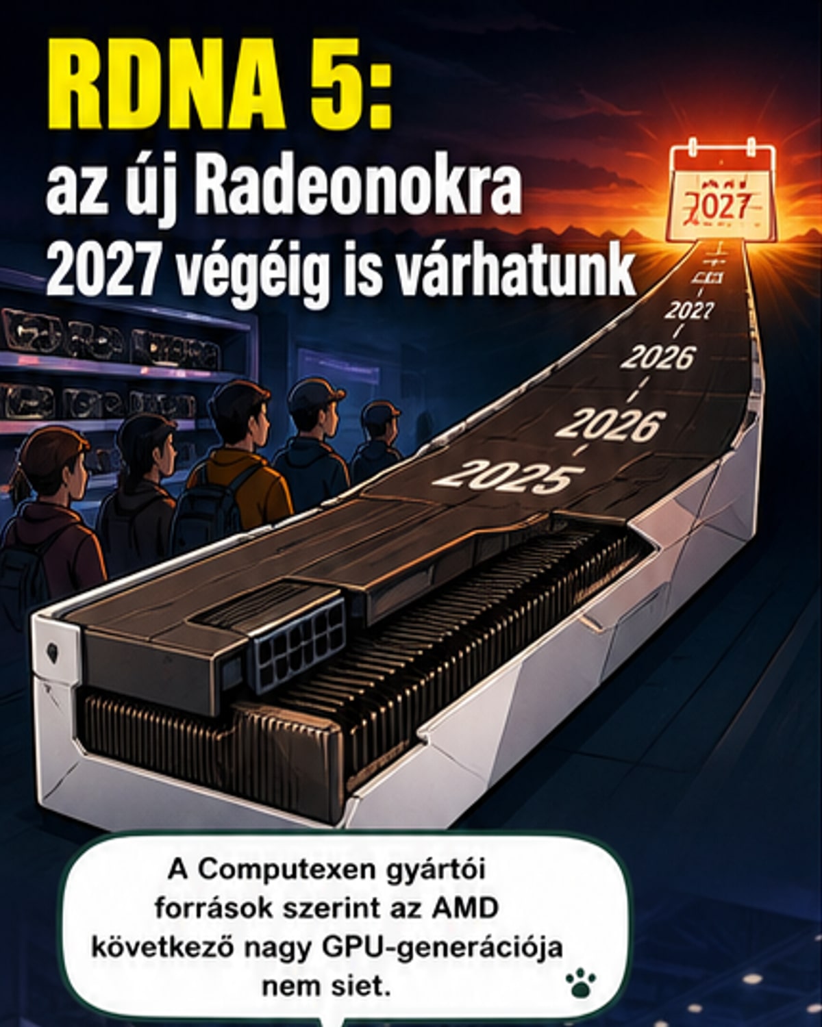 Illusztráció: két videókártya közötti időszakot jelképező óra, mögötte chipek és AI ikonok