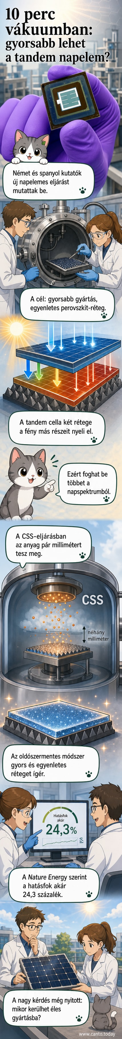 Két kutató laborban dolgozik egy napelem-minta felett, mögöttük monitorokon grafikonok és molekuláris szerkezetek láthatók, a kép stílusa tudományos illusztráció.