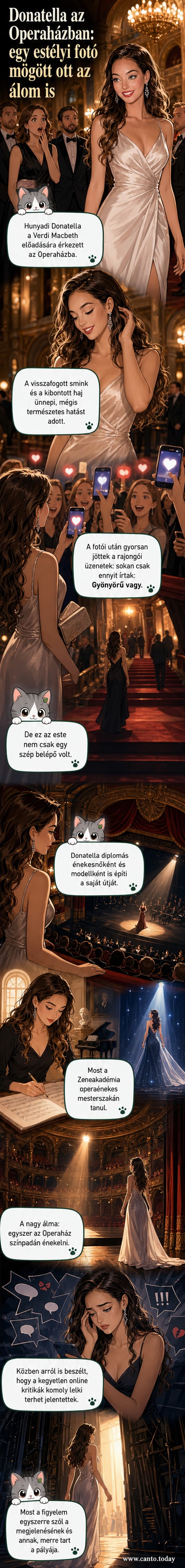 Hunyadi Donatella világos selyemruhában, mosolyogva az Operaház lépcsőjén, körülötte rajongók és fényképezők.