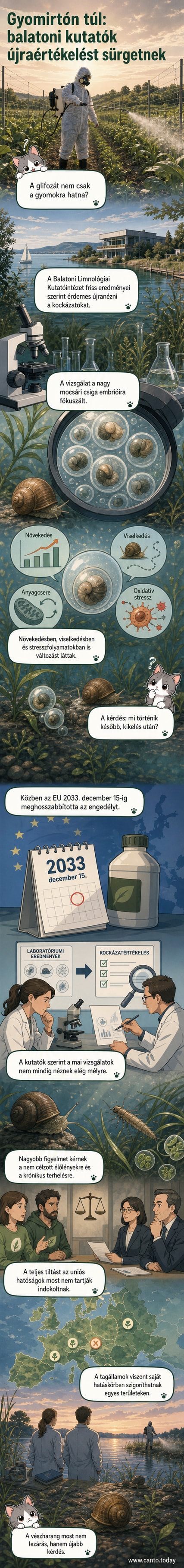 Illusztráció: egy csiga a Balaton partján, körülötte vegyszeres üvegek és figyelmeztető táblák, a háttérben kutatók vizsgálnak mintákat.