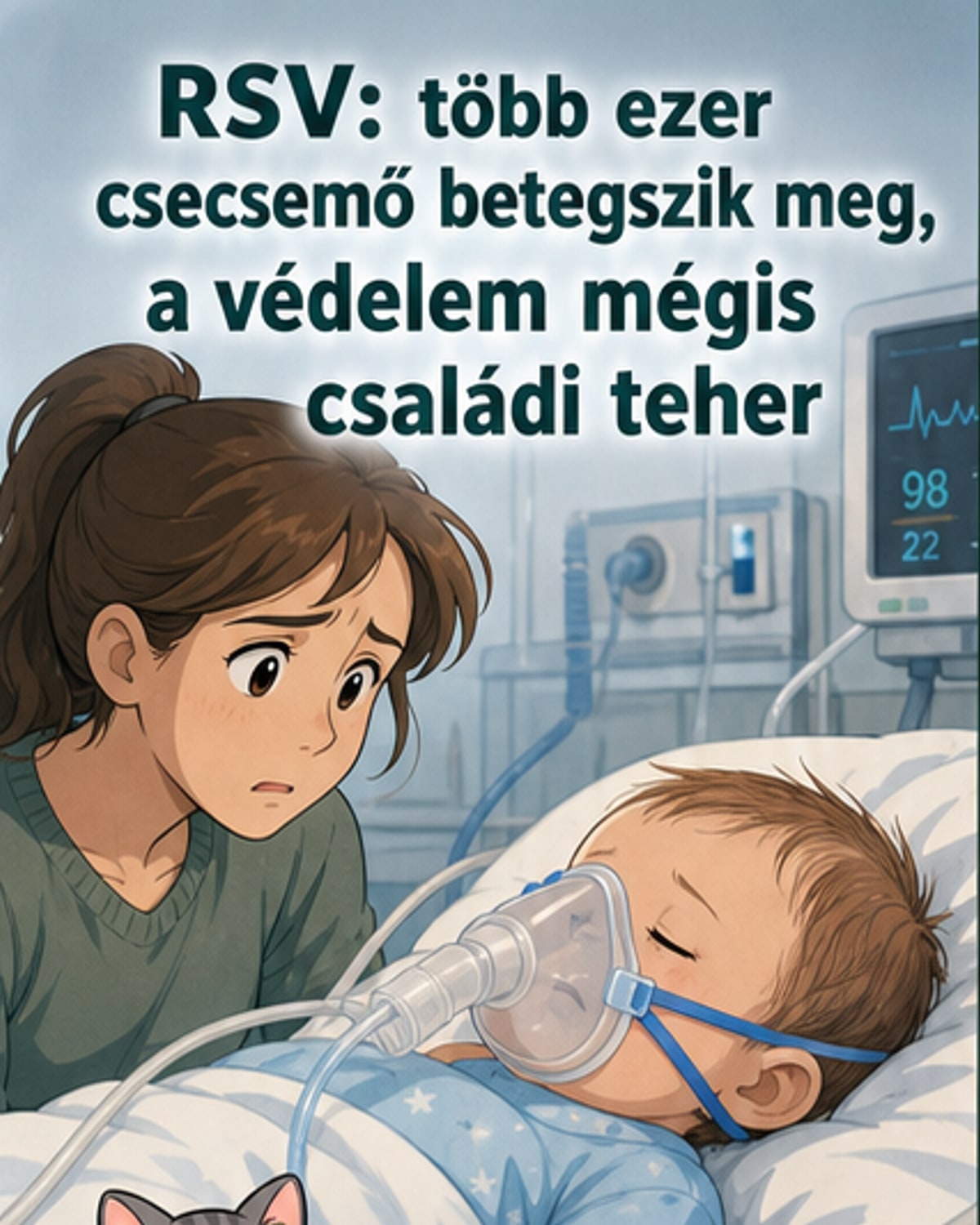 Képregény-stílusú illusztráció, amely egy csecsemőt és egy orvost ábrázol a kórházban, háttérben vírusmodelllel és orvosi eszközökkel