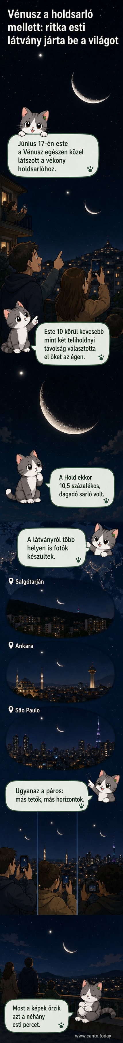 A Vénusz és a Hold közel kerül egymáshoz az éjszakai égbolton, egy vékony holdsarló mellett ragyog a fényes bolygó, fotó Salgótarjánból.