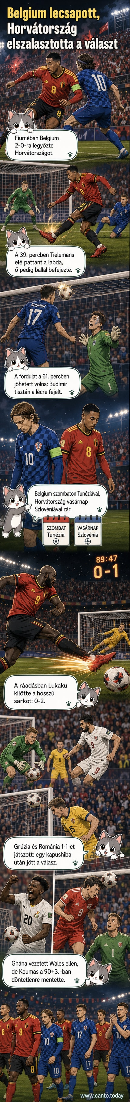 Belgium és Horvátország labdarúó-válogatottja egy vb-felkészülési mérkőzésen, ahol a belgák 2–0-s győzelmet arattak.