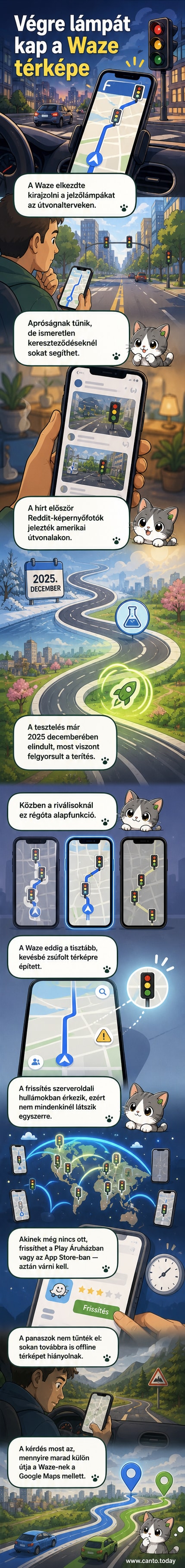 Waze alkalmazás képernyőképe, ahol útvonalon jelzőlámpa ikonok jelennek meg