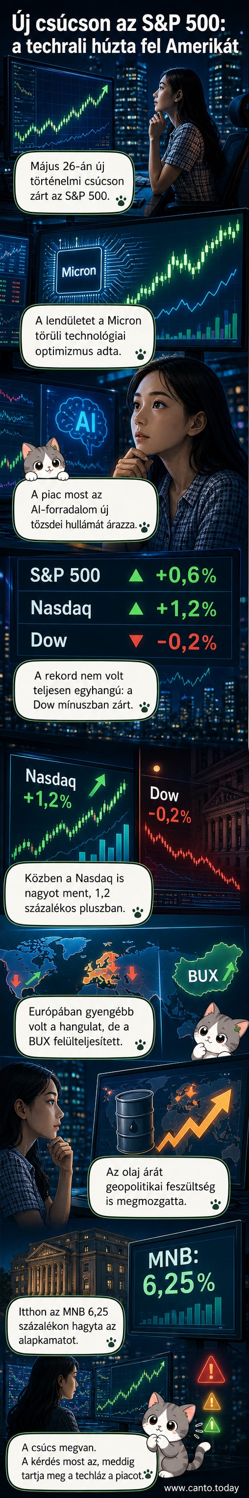 Tőzsdei grafikonok és digitális elemek ábrázolják az S&P 500 és a Nasdaq történelmi csúcsát, középen a Micron logója világít.