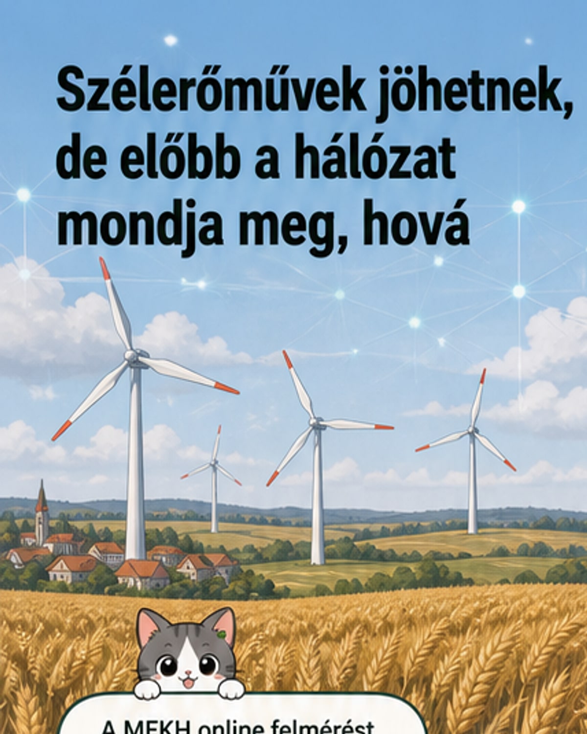 Illusztráció szélerőművekről mezőn, a háttérben felhőkkel, szimbolizálva a megújuló energiát