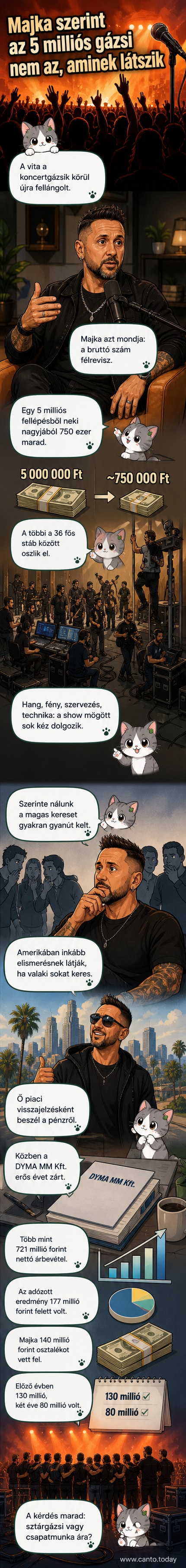 Majka színpadon, mikrofonnal a kezében, mögötte fényeffektekkel tarkított háttér