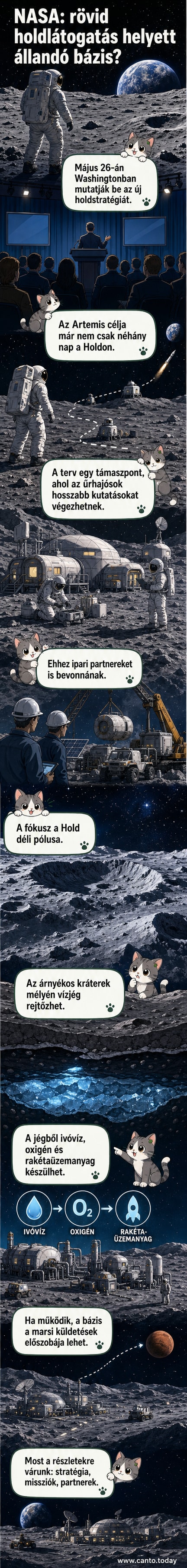 Illusztráció: űrhajósok egy állandó holdbázison a Hold déli pólusán, kráterekkel és napfényben fürdő tájassal körülöttük.