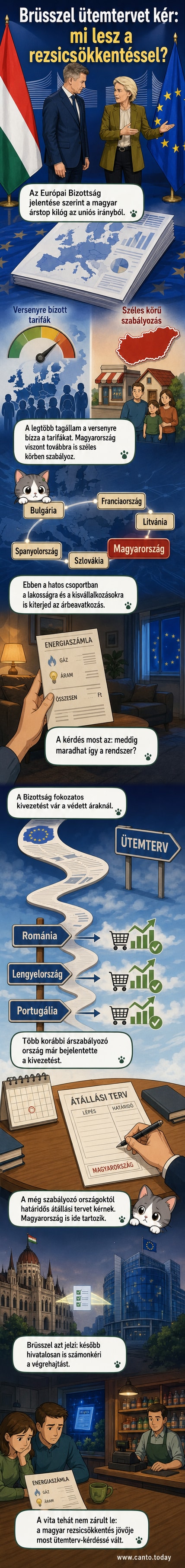 Brüsszeli irodaépület előtt álló ember, kezében EU-zászlóval, mögötte piros felkiáltójellel ellátott figyelmeztető tábla: 'Szabályozott árak vége'.