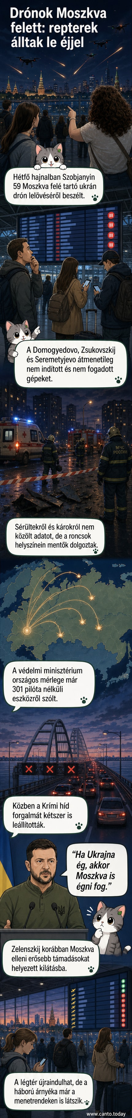Moszkvai repülőtér lezárt kifutópályája, mentőautók és biztonsági erők a helyszínen, az égen füstcsíkok a lelőtt drónok nyomán.