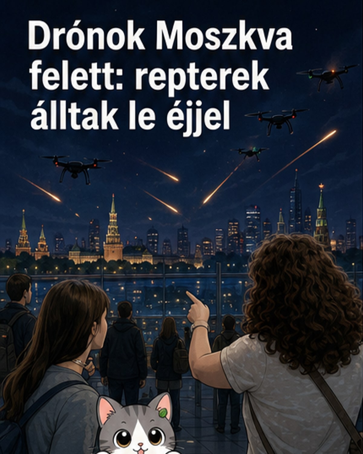 Moszkvai repülőtér lezárt kifutópályája, mentőautók és biztonsági erők a helyszínen, az égen füstcsíkok a lelőtt drónok nyomán.