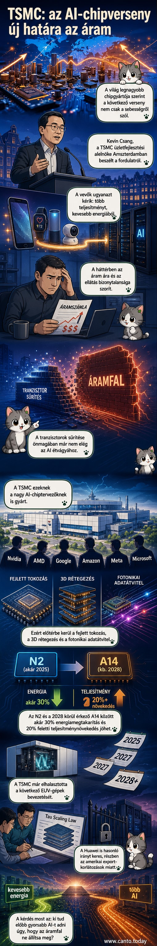 Illusztráció: modern chiplapka, 3D rétegekkel és fotonikus adatátviteli elemekkel, körülötte energiahatékonyságot jelző ikonok.