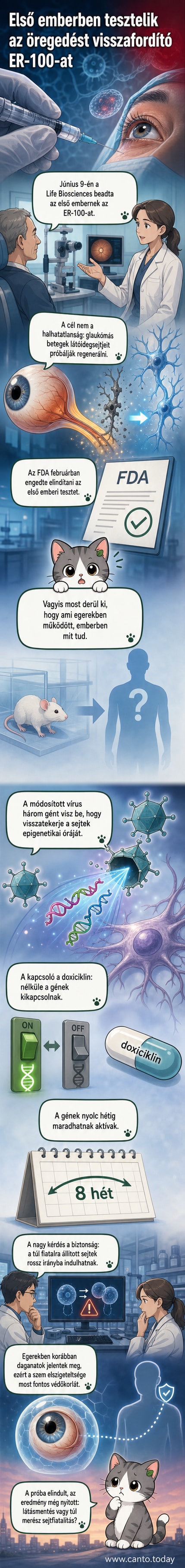 Illusztráció: orvosi laborban kutatók figyelik egy szem modelljét, miközben gének aktiválódnak a sejtekben, visszafelé haladó időóra szimbolizálja az öregedés visszafordítását.