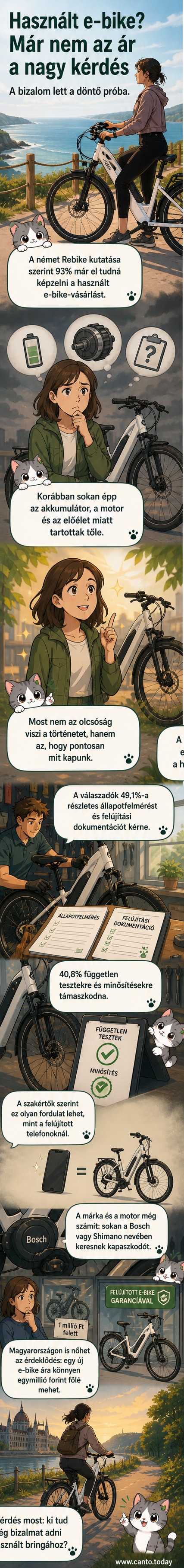 Illusztráció: városi környezetben egy modern elektromos kerékpár áll, mellette újrahasznosítási ikon és minősítési címke