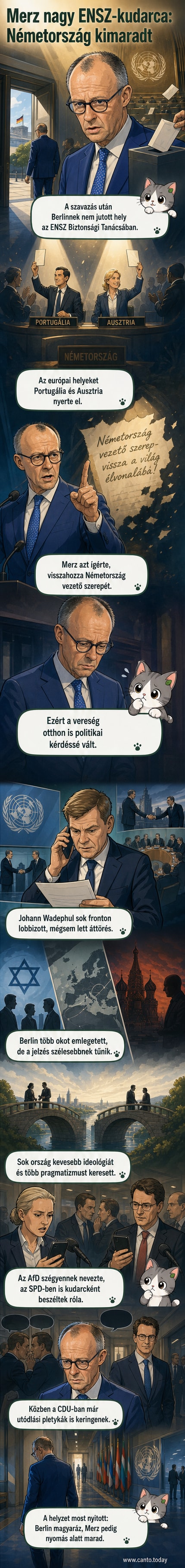 Friedrich Merz német kancellár komoly arccal áll egy emelvény mögött, mögötte az ENSZ zászlója és a Biztonsági Tanács épülete látható, de a német zászló hiányzik a tagállamok közül.