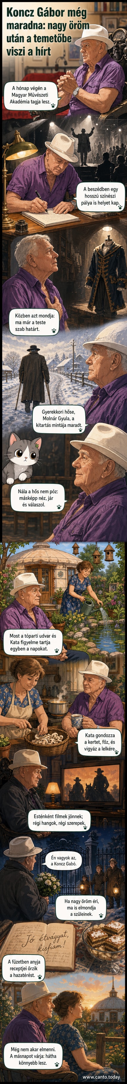 Idős férfi, Koncz Gábor, mosolyogva ül a kertben, felesége mellette, a háttérben tó és jurtaszerű ház