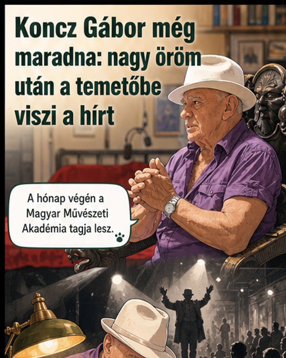 Idős férfi, Koncz Gábor, mosolyogva ül a kertben, felesége mellette, a háttérben tó és jurtaszerű ház