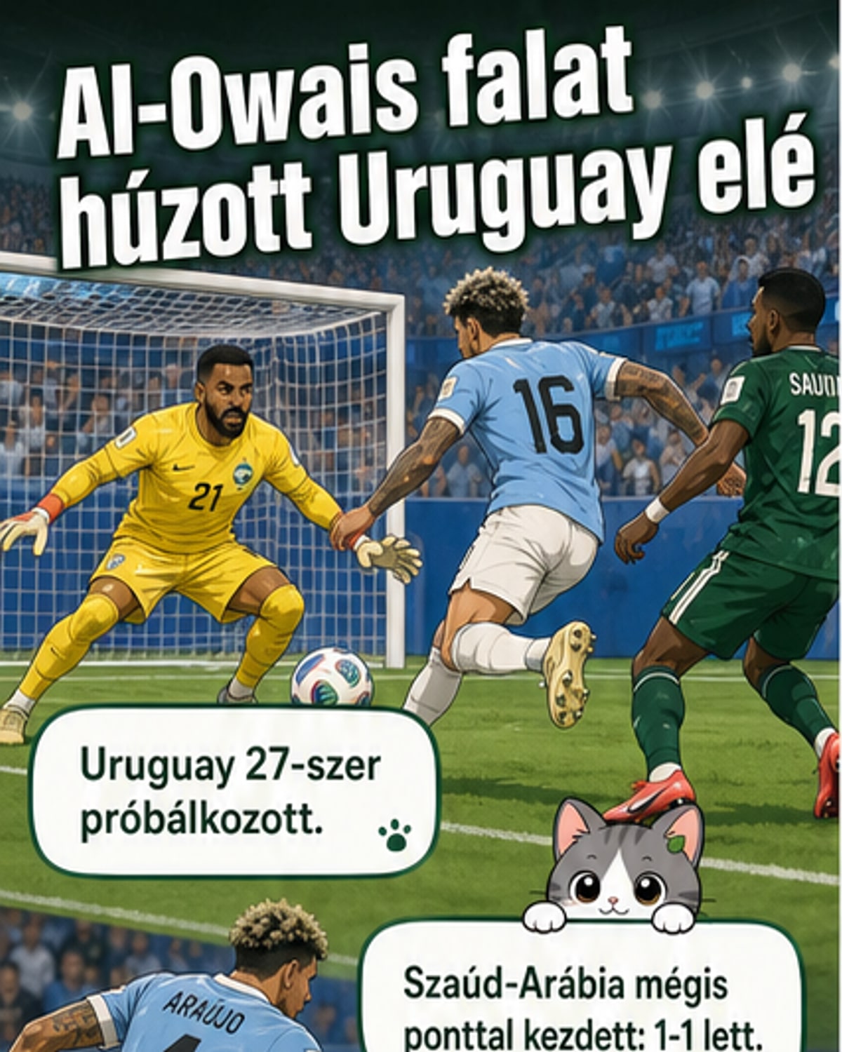 Szaúd-Arábia kapusa, Mohammed Al-Owais, aki több bravúros védéssel segítette csapatát a döntetlenhez a VB-n Uruguay ellen.