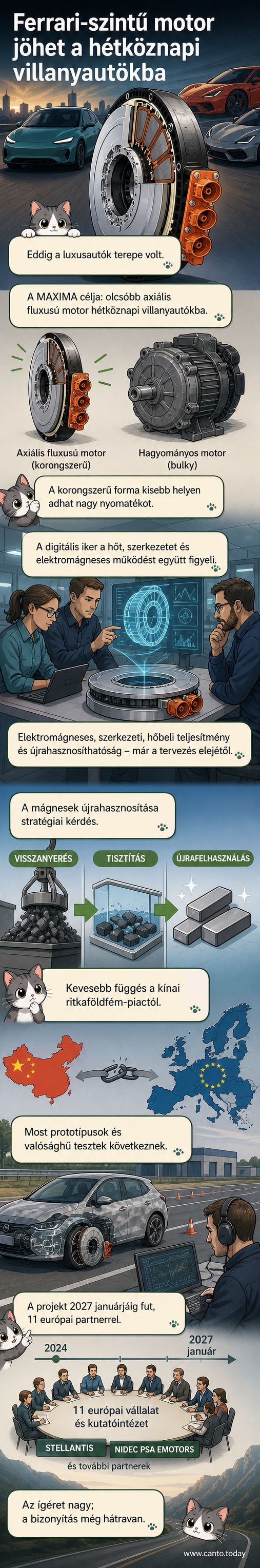 Stílusos, futurisztikus illusztráció: egy nyitott elektromos autó motorháza alatt egy korong alakú, palacsintaszerű axiális fluxusú motor látható, körülötte digitális adatáramlás és mágneses mező jelek. A háttérben városi környezet és EU zászló finoman látható.