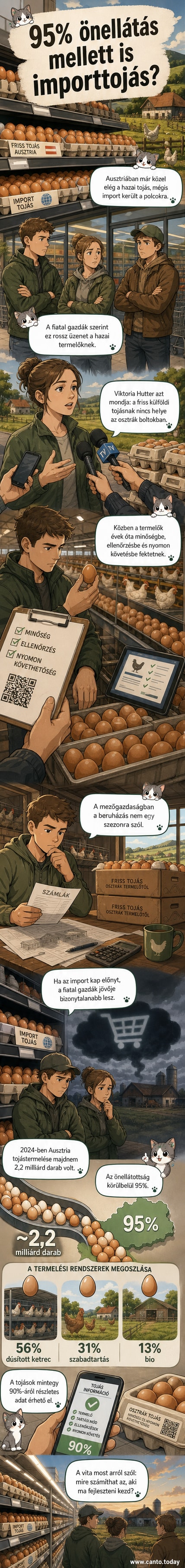 Tojásos dobozok egy osztrák bolt polcán, mellettük fiatal gazda tiltakozik a háttérben