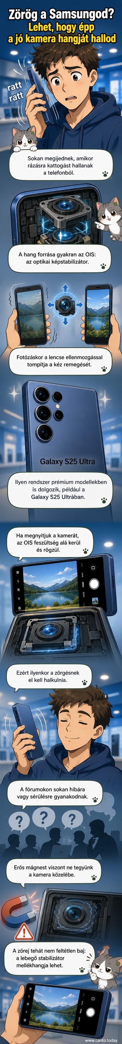 Samsung Galaxy telefon belsejében a kamera OIS rendszerének működése, amikor a lencse mozog és zörgő hangot ad