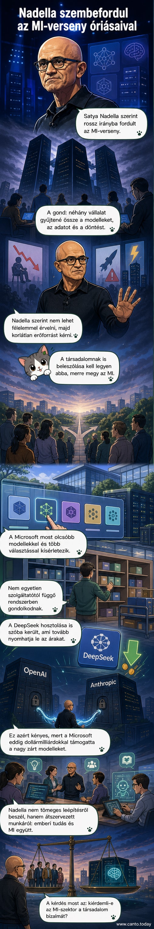 Satya Nadella, a Microsoft vezérigazgatója, aki szigorú arccal áll egy mesterséges intelligencia chip fölött, miközben háttérben az OpenAI és Google logói törnek szét.
