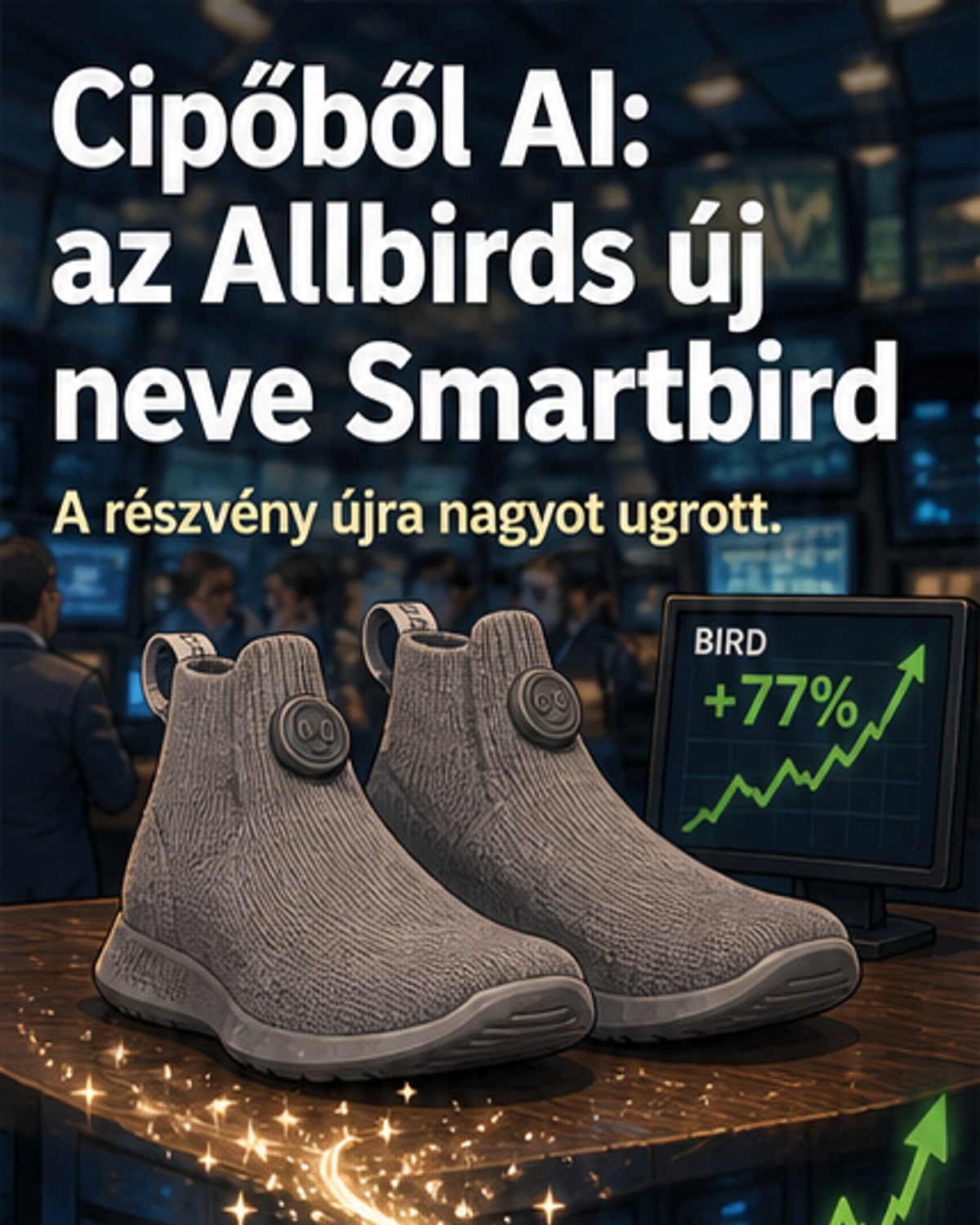 Fekete-fehér tőzsdegrafikon mellett egy egyszerű cipő ikon és egy AI chip ikon egymás felé mutat, szimbolizálva az Allbirds vállalat átállását a cipőgyártásról mesterséges intelligencia infrastruktúrára.
