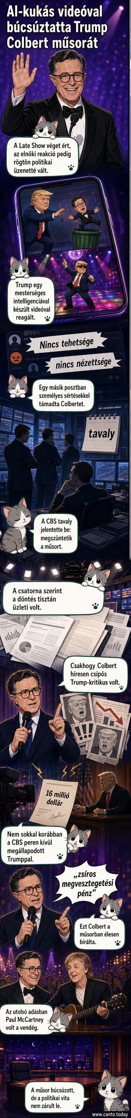 Mesterséges intelligenciával generált kép: Donald Trump egy zöld szemetesbe dobja Stephen Colbertet, miközben a háttérben YMCA feliratú zászló lobog.