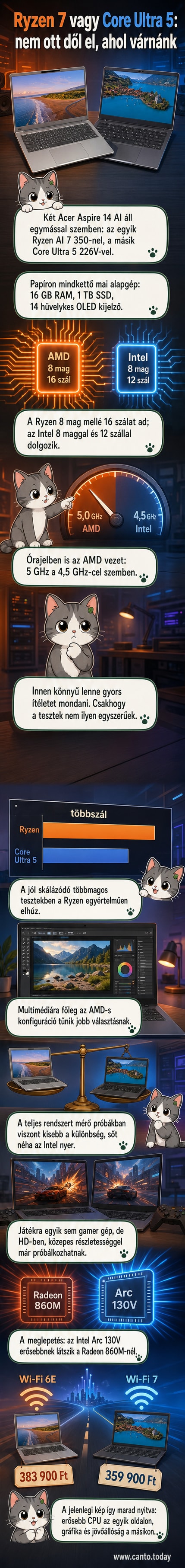 Két Acer Aspire 14 AI laptop egymás mellett, egyik AMD Ryzen 7 AI, másik Intel Core Ultra 5 processzorral, kijelzőjükön teljesítménydiagramok