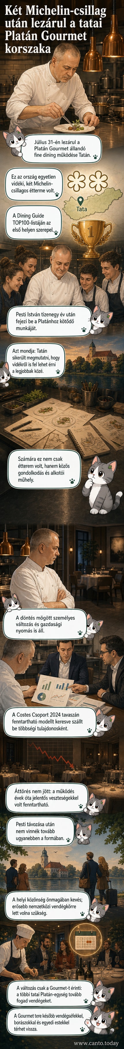 A tatai Platán Gourmet étterem homlokzata, ahol Pesti István tizenegy évig vezette a konyhát, mielőtt 2026 nyarán bezárt volna.