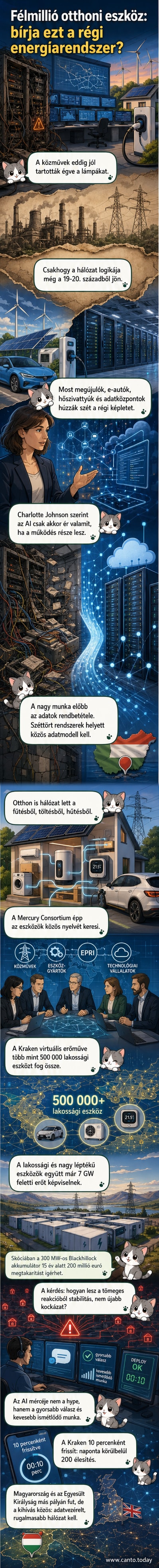 Digitális hálózat ábrázolása, amelyen sokszínű otthoni eszközök – elektromos autók, hőszivattyúk, napelemek – csatlakoznak egy központi, AI-vezérelt energiarendszerhez.