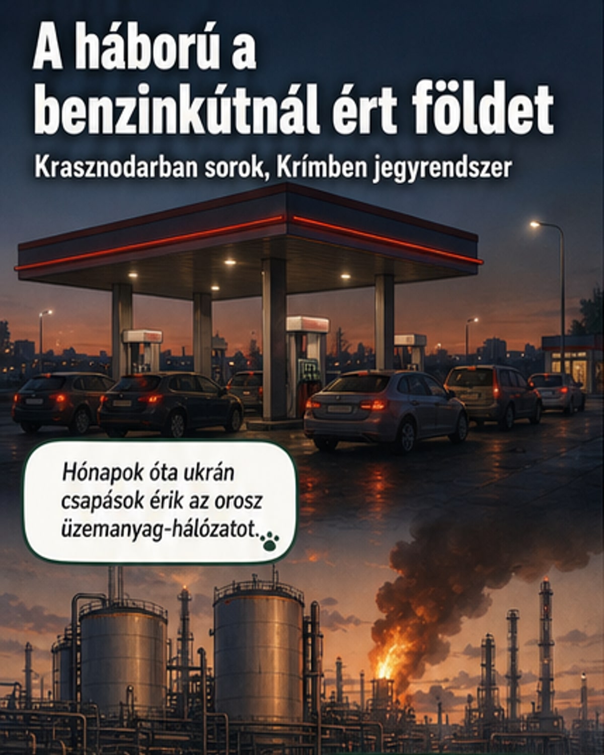 Üres üzemanyagtartályok és hosszú autósorok egy oroszországi töltőállomásnál, a háttérben figyelő emberekkel