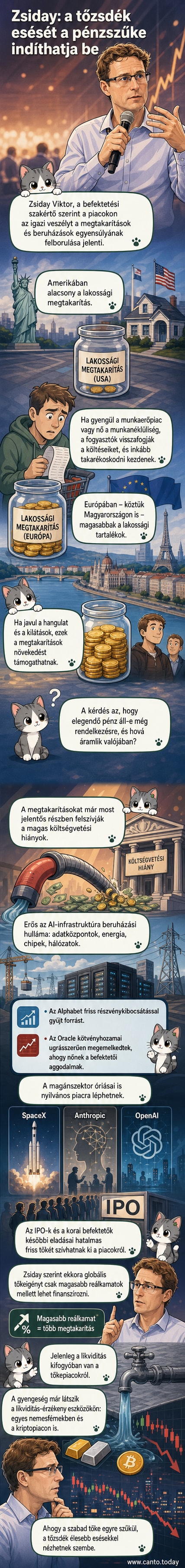 Tőzsdei grafikonok és adatközpontok képei mellett Zsiday Viktor arcképe látható, a háttérben piaci feszültséget jelző nyilak
